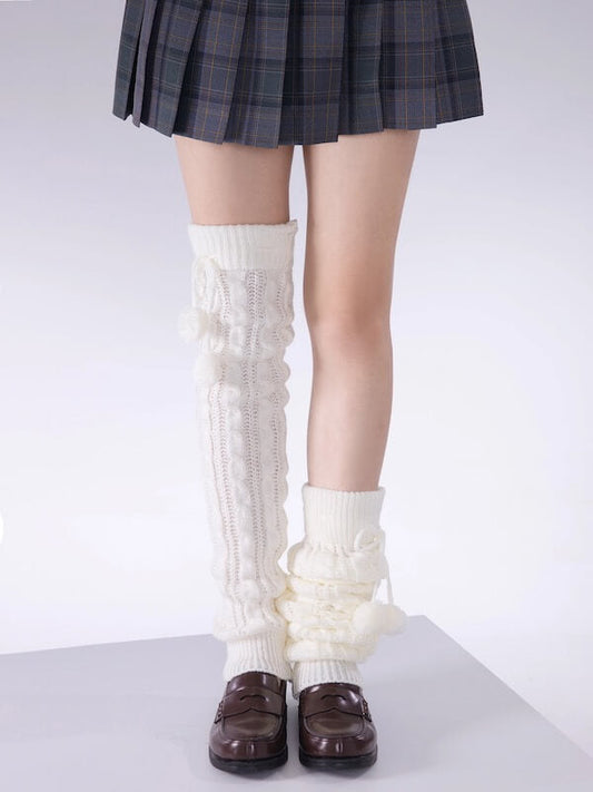 Pompon twisted over knee leg warmers