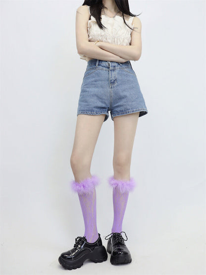 Y2k color furry lace stockings