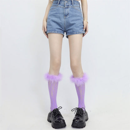 Y2k color furry lace stockings