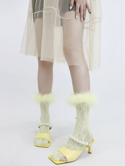 Y2k color furry lace stockings