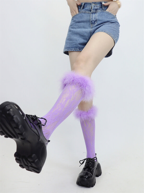 Y2k color furry lace stockings