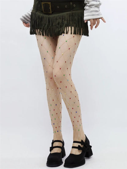 Y2K Hot Girl Rhinestone Star Fishnet Tights