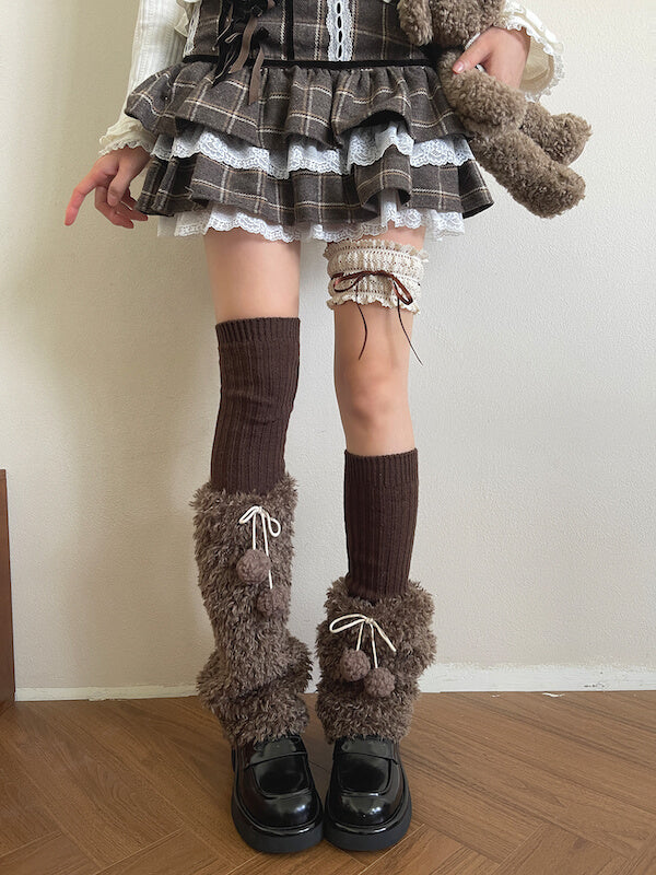 Y2k mocha brown pompon fuzzy leg warmers