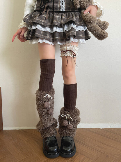 Y2k mocha brown pompon fuzzy leg warmers