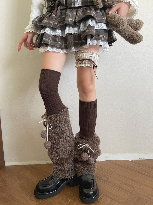 Y2k mocha brown pompon fuzzy leg warmers