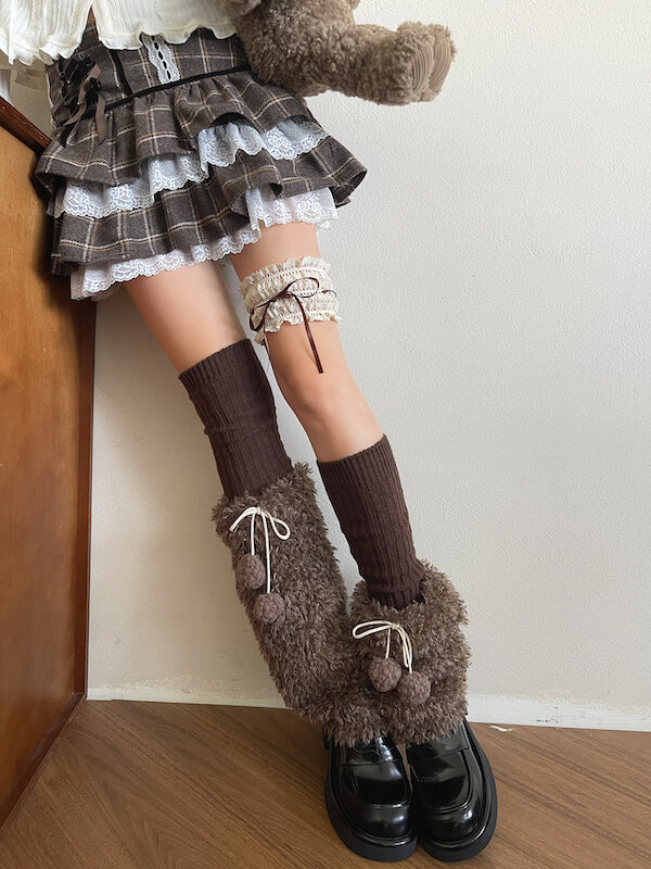 Y2k mocha brown pompon fuzzy leg warmers