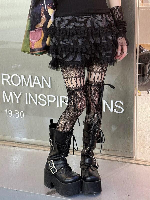 Y2k ribbon lace-up floral tights