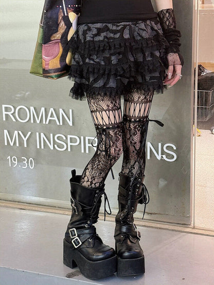 Y2k ribbon lace-up floral tights
