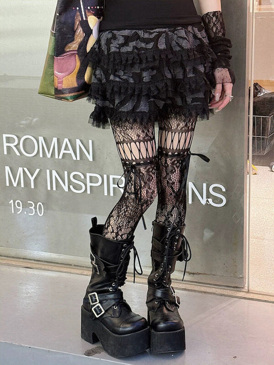 Y2k ribbon lace-up floral tights