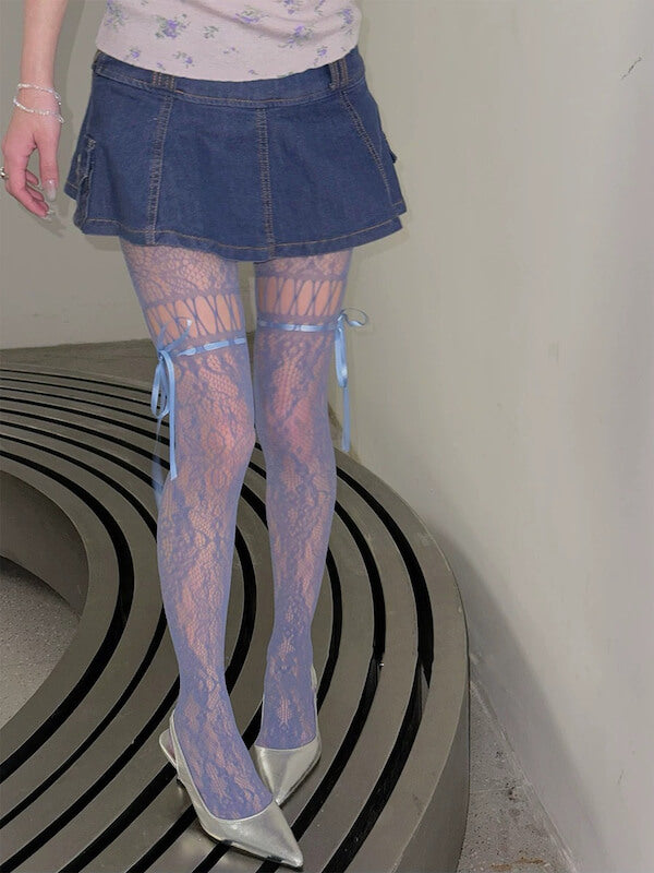 Y2k ribbon lace-up floral tights