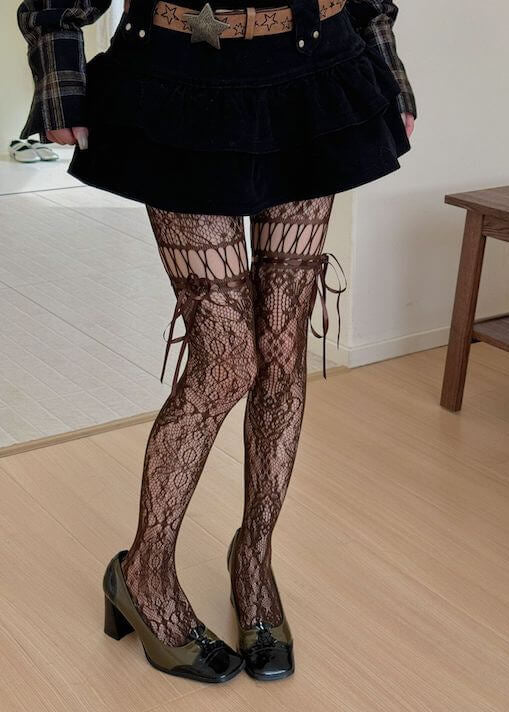 Y2k ribbon lace-up floral tights