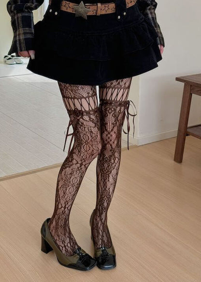 Y2k ribbon lace-up floral tights