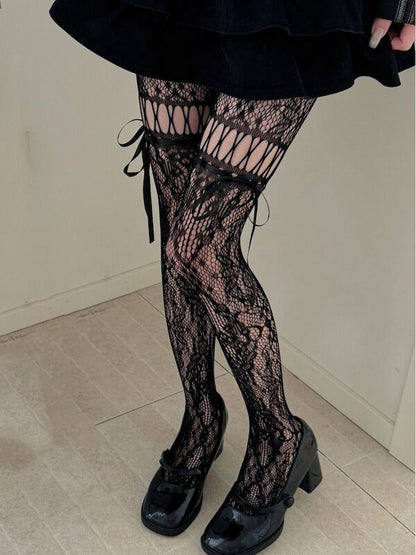 Y2k ribbon lace-up floral tights